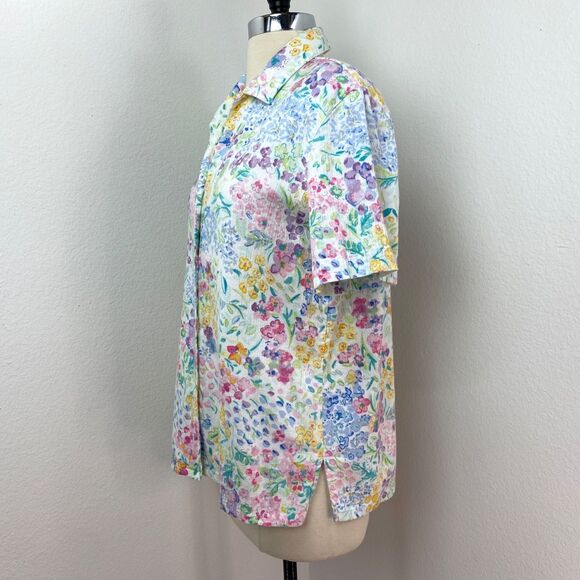 Vtg 90s Koret Womans Spring Floral Blouse Med Cotton Linen Short Sleeves Gauzy - Picture 5 of 9